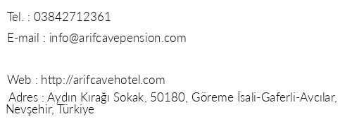 Arif Cave Hotel telefon numaralar, faks, e-mail, posta adresi ve iletiim bilgileri